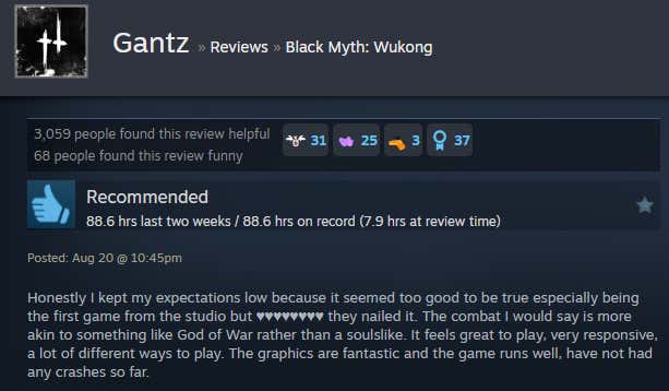 Screenshot of the article titled Dark Legend: Wukong, as reported by Steam Reviews